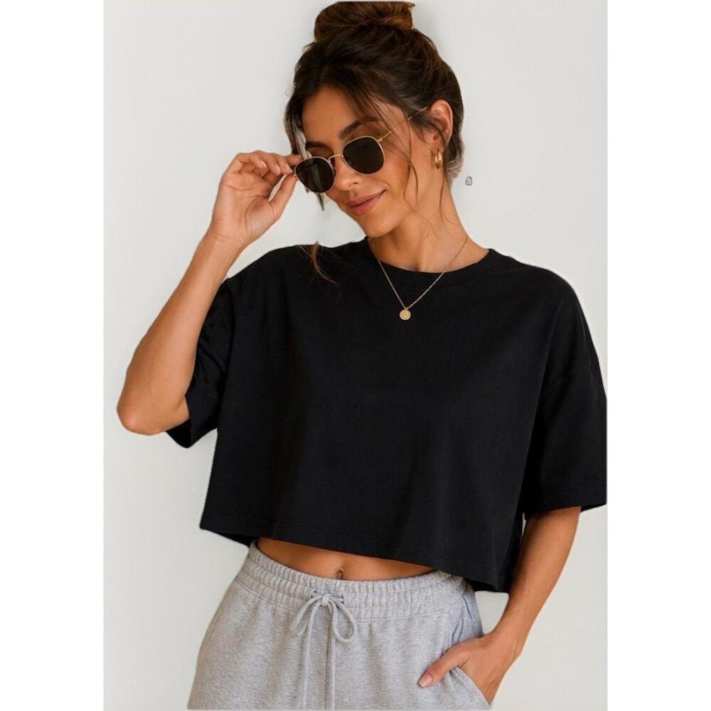 Zenana Black V Neck Crop Knit Top Short Sleeve Boxy Tee Shirt Womens L HT-2361A